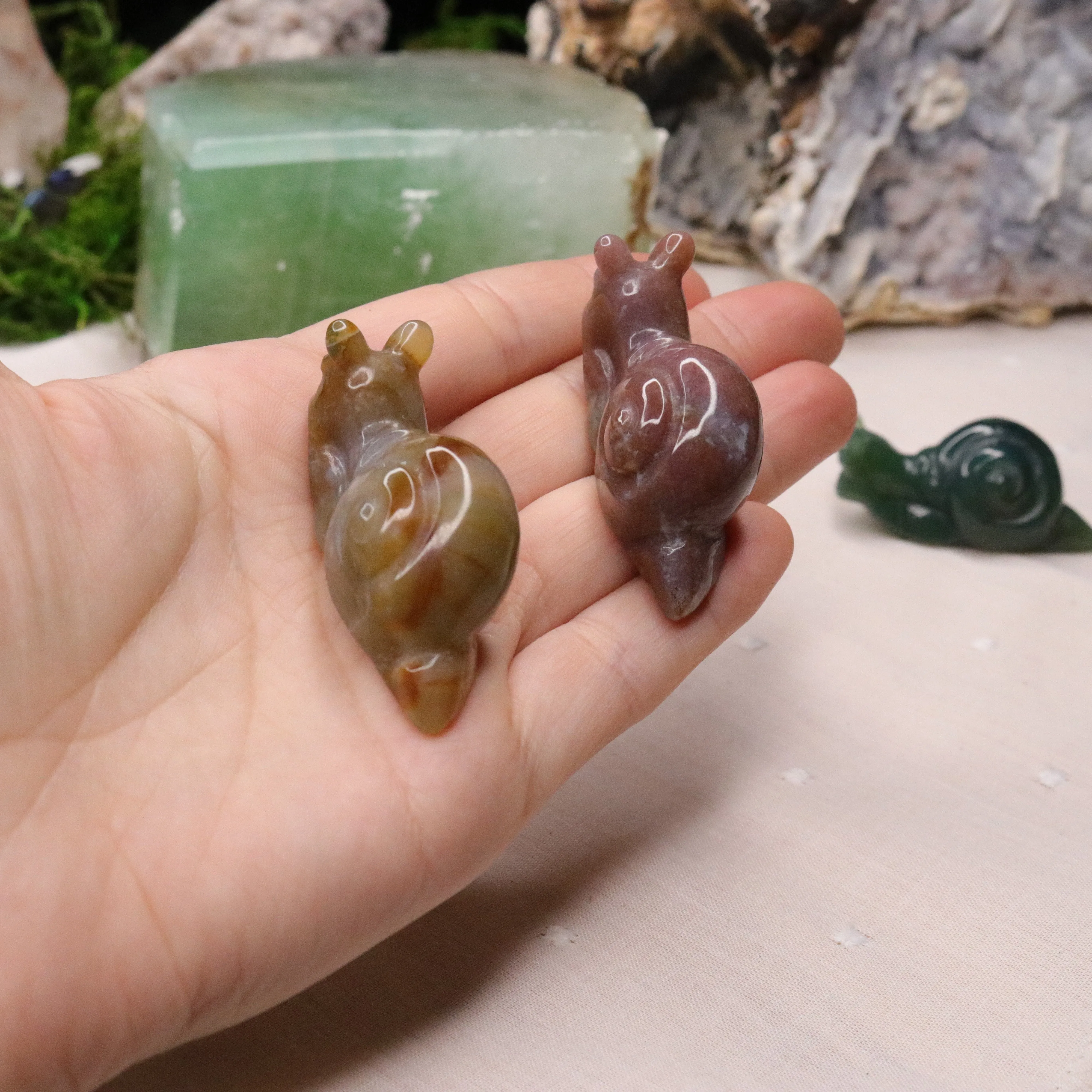 Small Moss Agate Snail Carvings ~ Green, Red and Orange Earth Tones