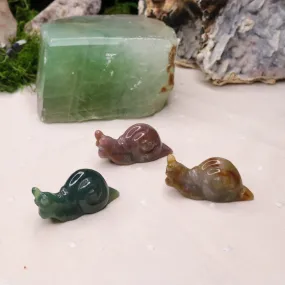 Small Moss Agate Snail Carvings ~ Green, Red and Orange Earth Tones