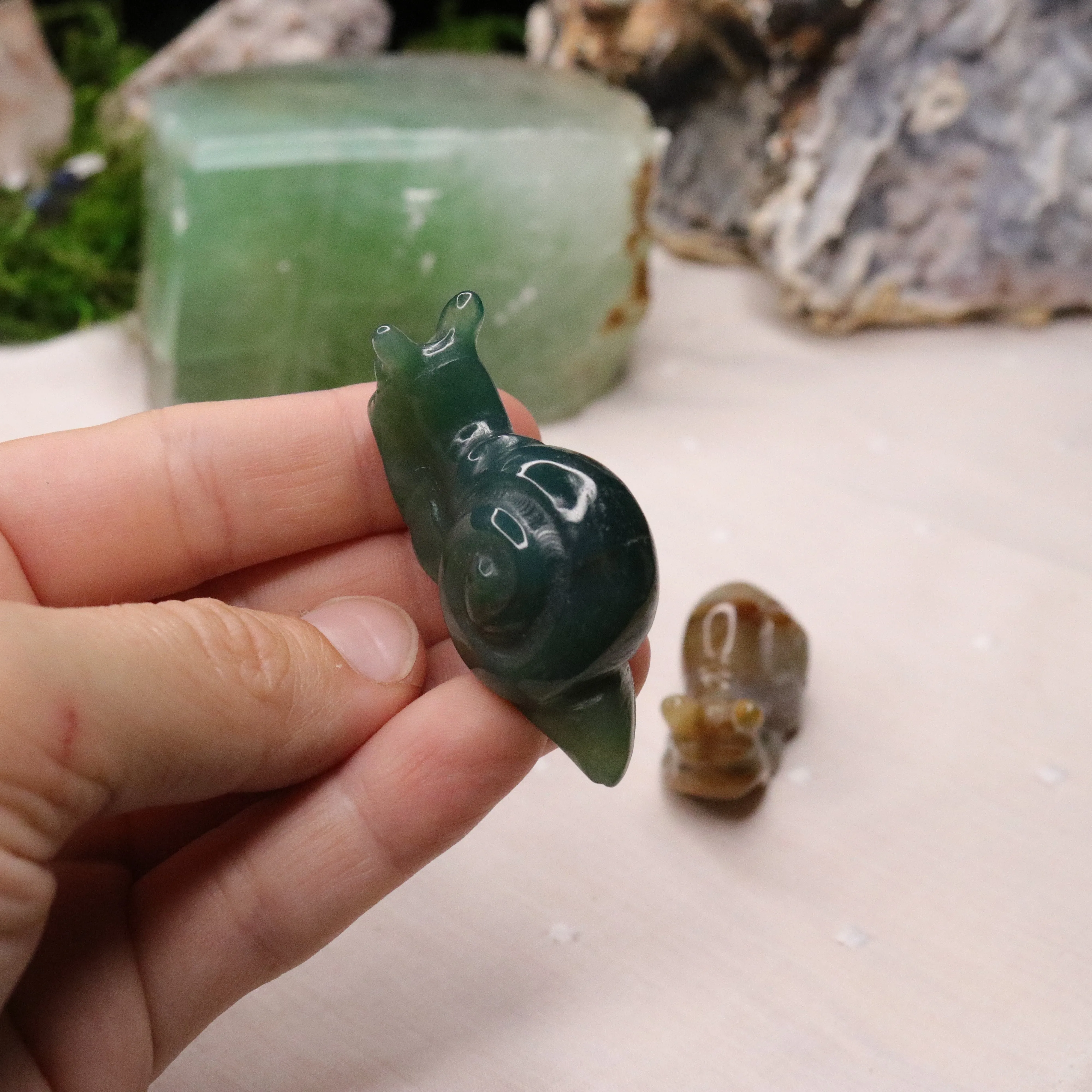 Small Moss Agate Snail Carvings ~ Green, Red and Orange Earth Tones