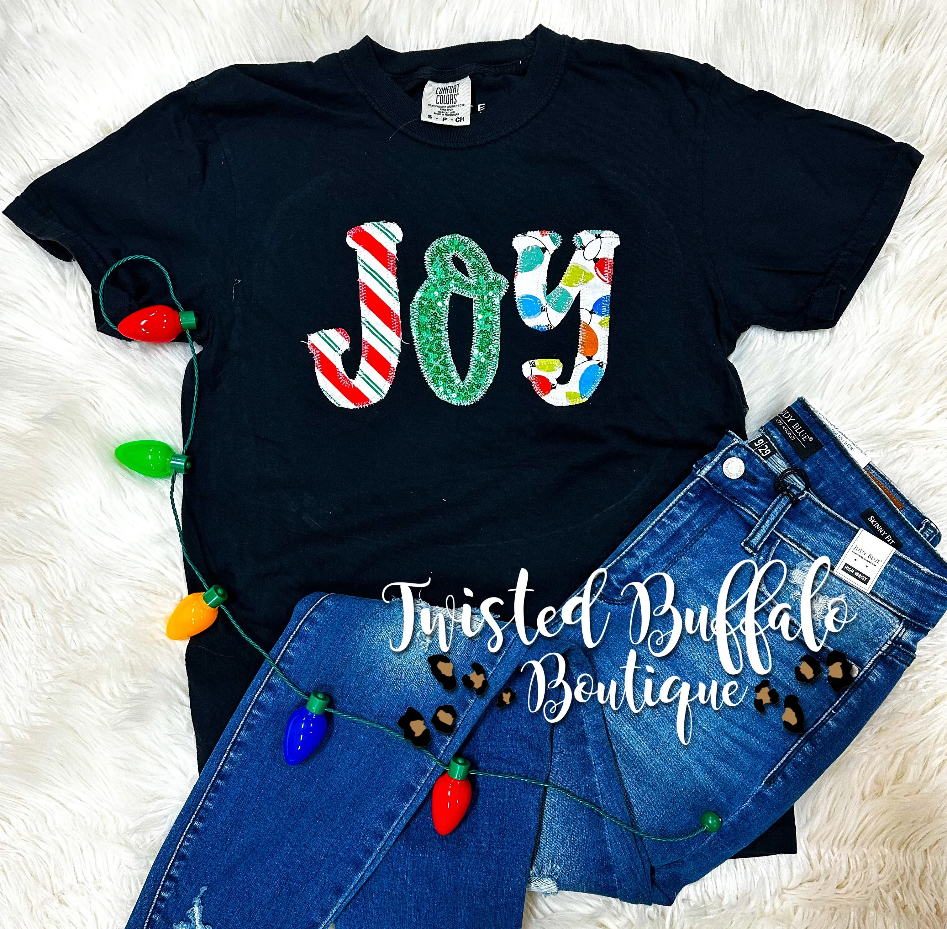 {SO MUCH CHRISTMAS JOY} Christmas Fabric Black Crew Neck Tee