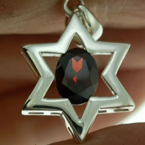 Star Of David Pendant In Dark Red Gemstone   925 Sterling Silver Necklace #26