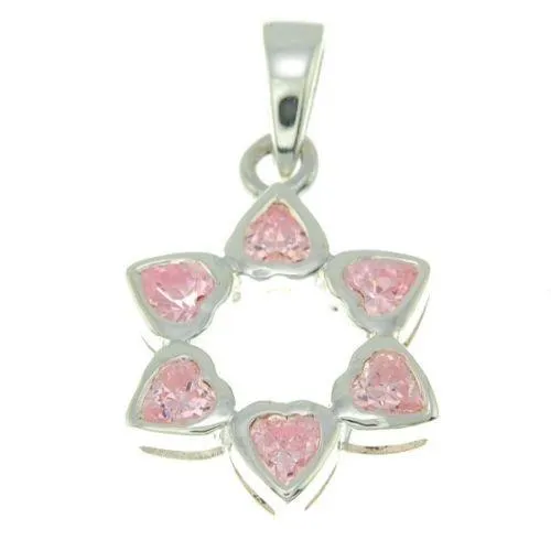 Star of David Pendant With Pink Gemstones   925 Sterling Silver Necklace