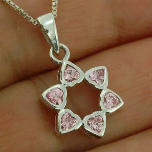 Star of David Pendant With Pink Gemstones   925 Sterling Silver Necklace