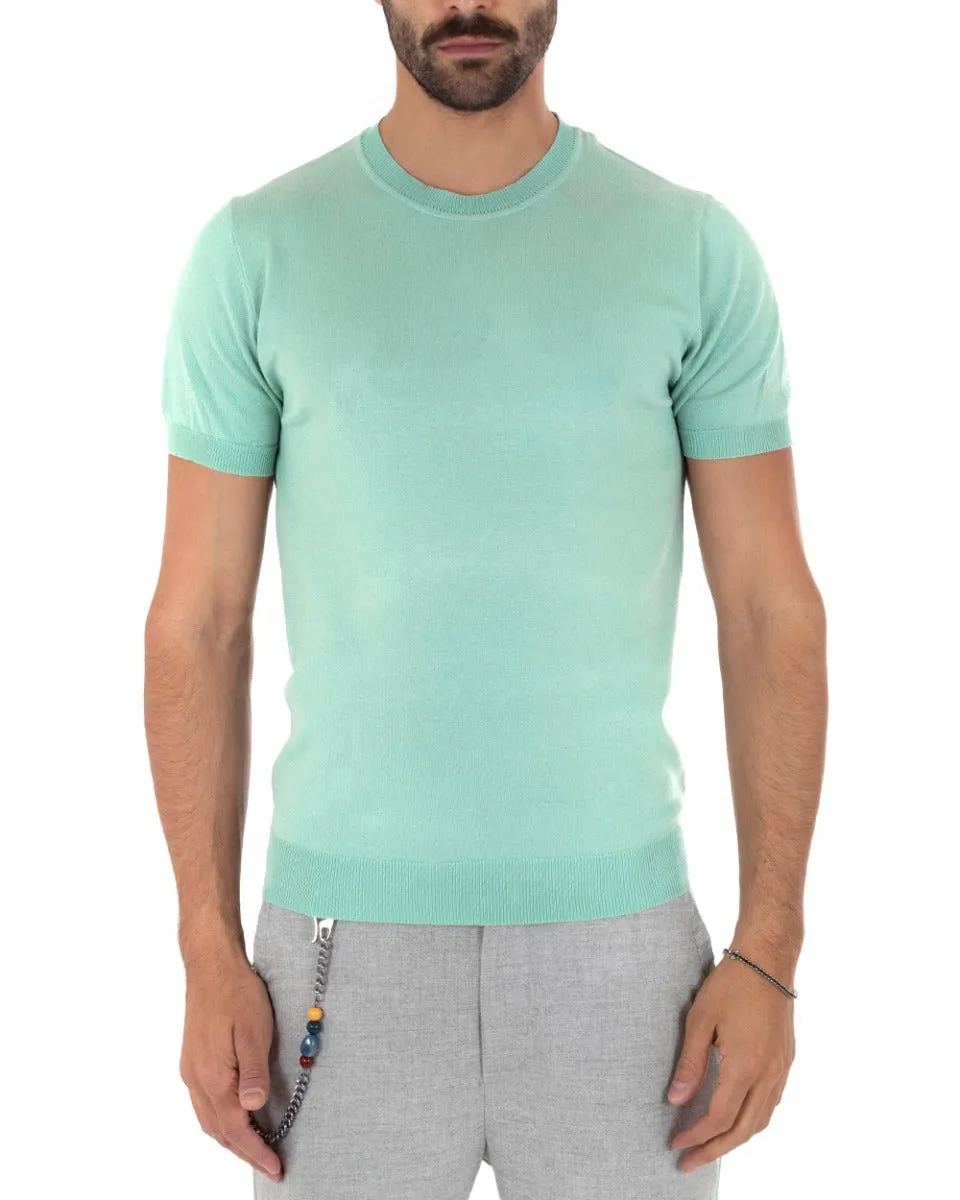 T-Shirt Uomo Manica Corta Tinta Unita Verde Acqua Girocollo Filo Casual GIOSAL-TS2618A