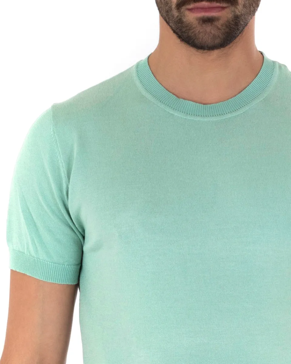 T-Shirt Uomo Manica Corta Tinta Unita Verde Acqua Girocollo Filo Casual GIOSAL-TS2618A