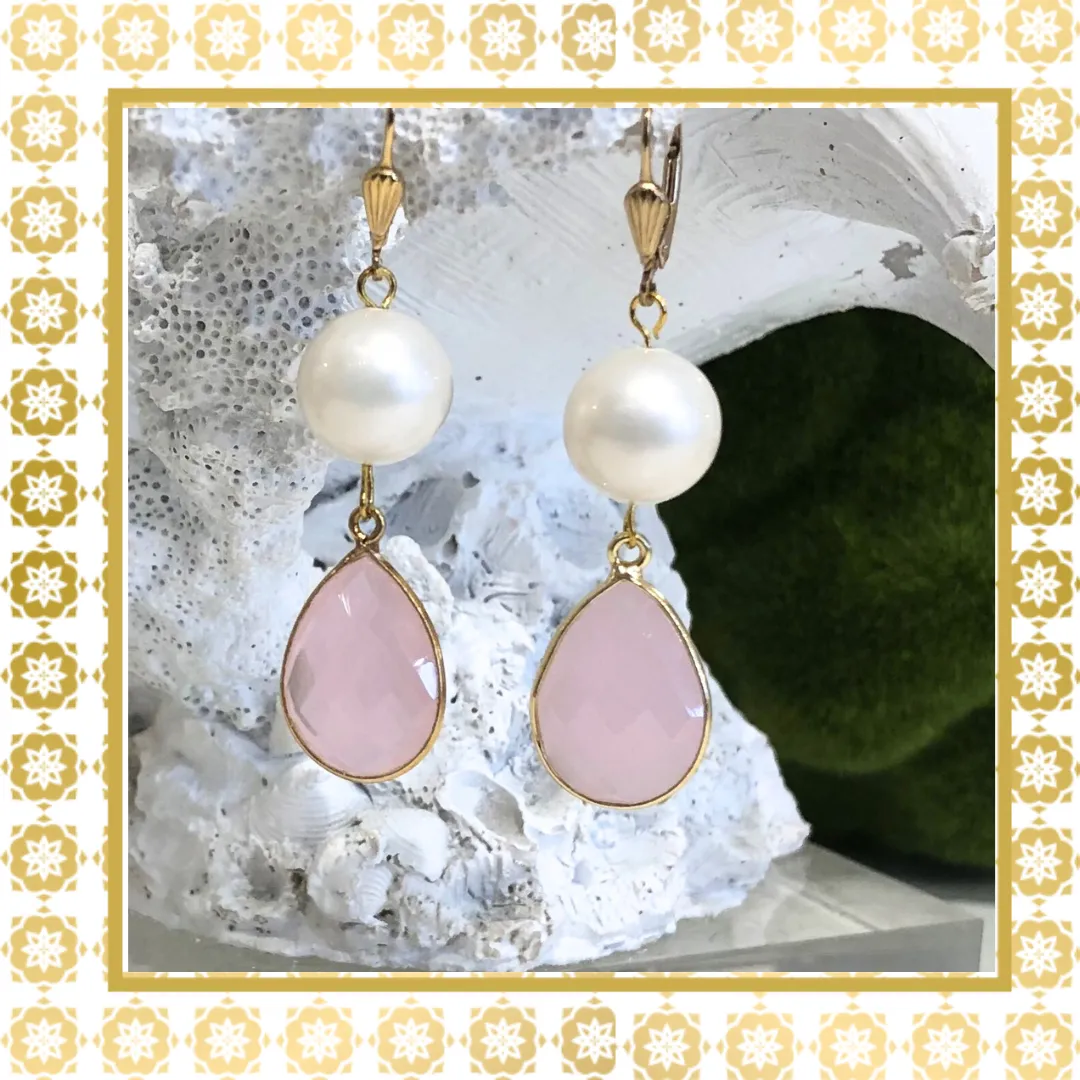 Teramasu Handmade Pearl and Pink Crystal Tear Drop Earrings 14K Gold Filled