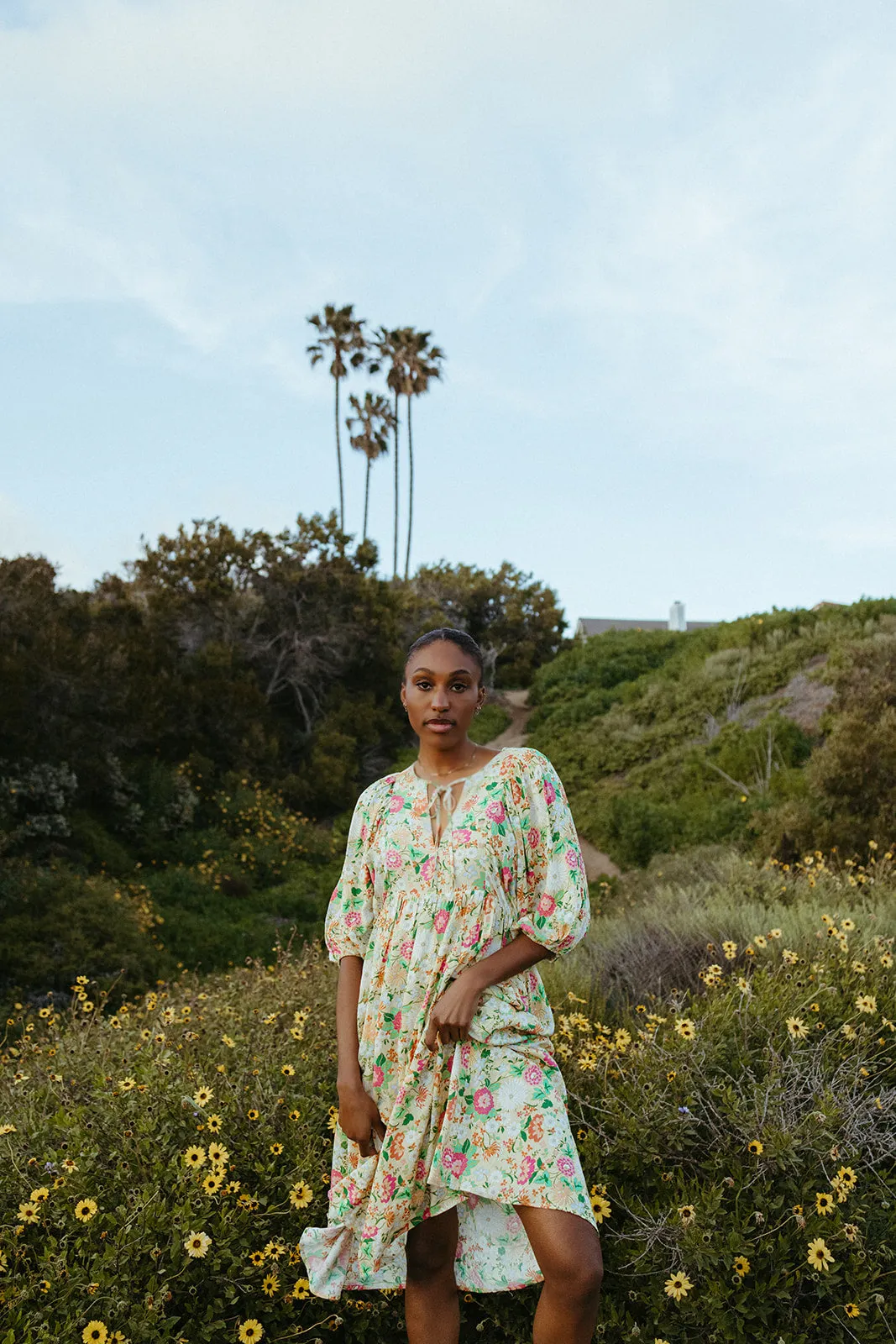 The Bearden Tie-Front Floral Midi Dress in Light Yellow