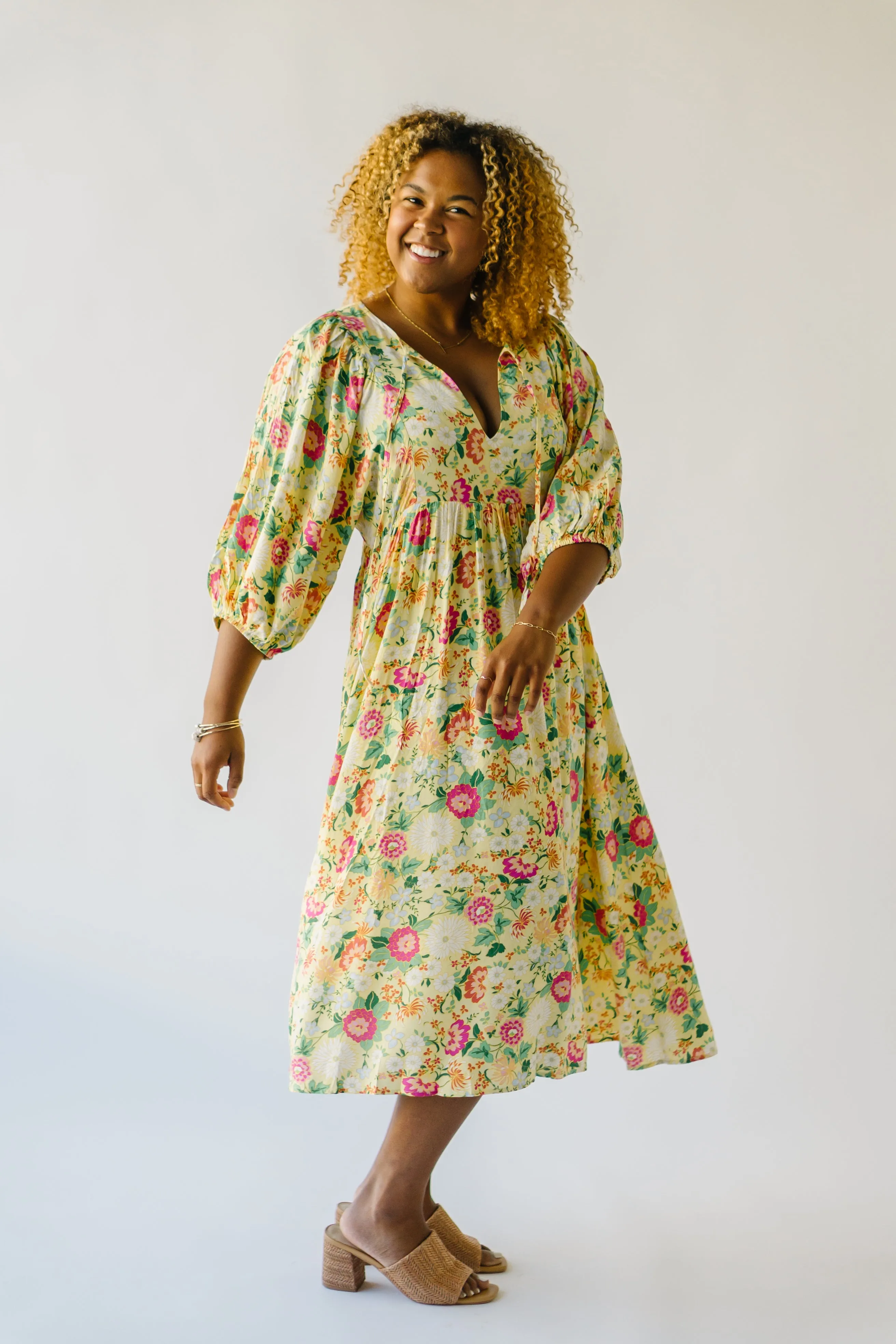 The Bearden Tie-Front Floral Midi Dress in Light Yellow