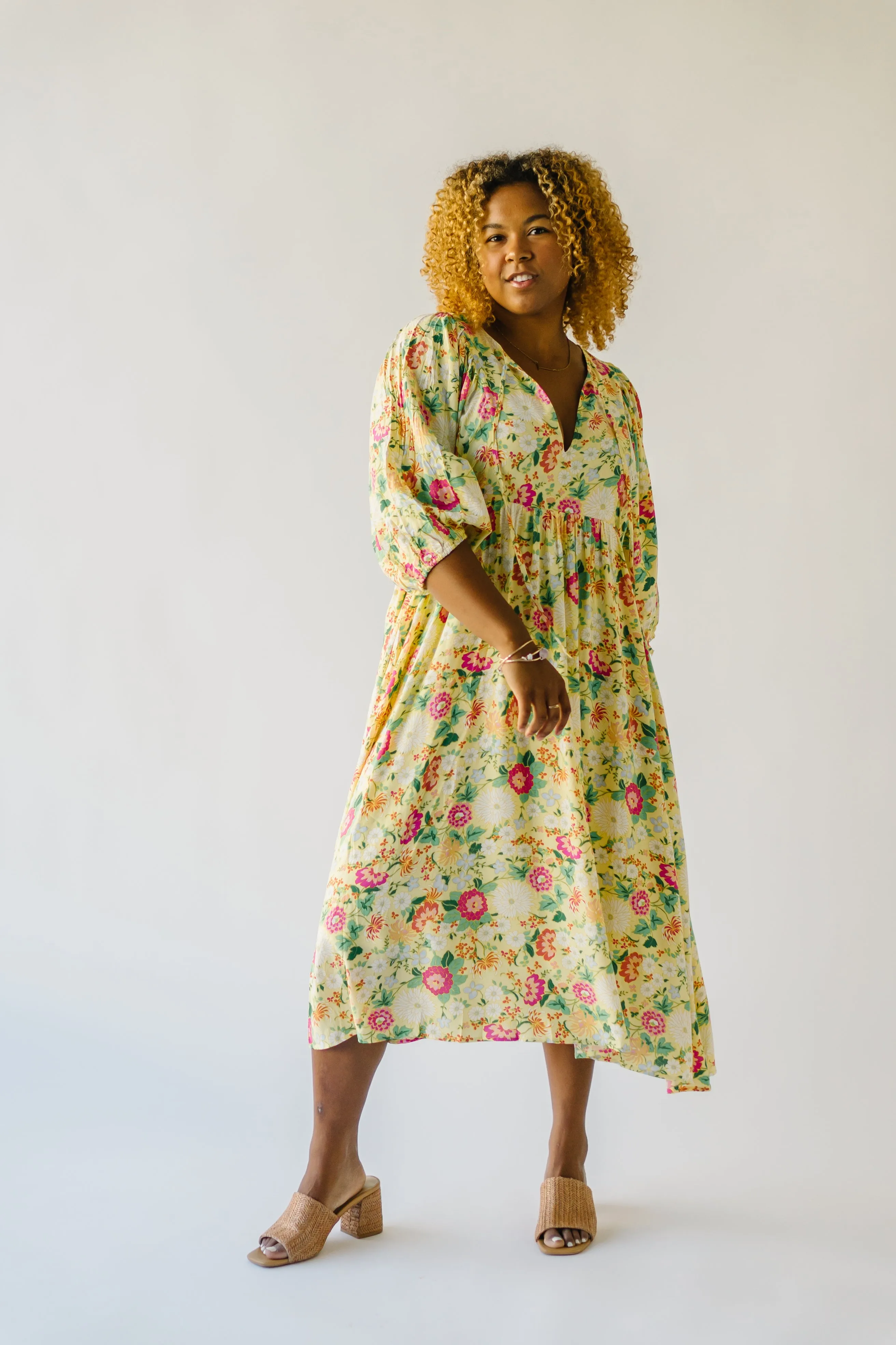 The Bearden Tie-Front Floral Midi Dress in Light Yellow