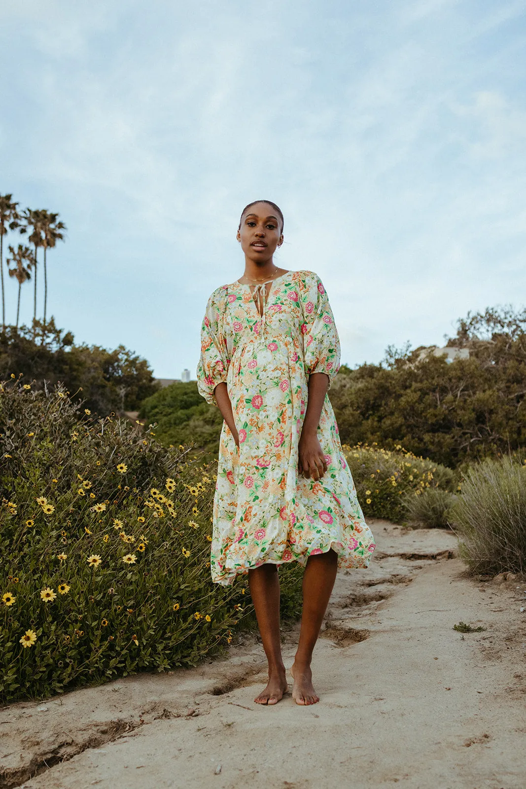 The Bearden Tie-Front Floral Midi Dress in Light Yellow