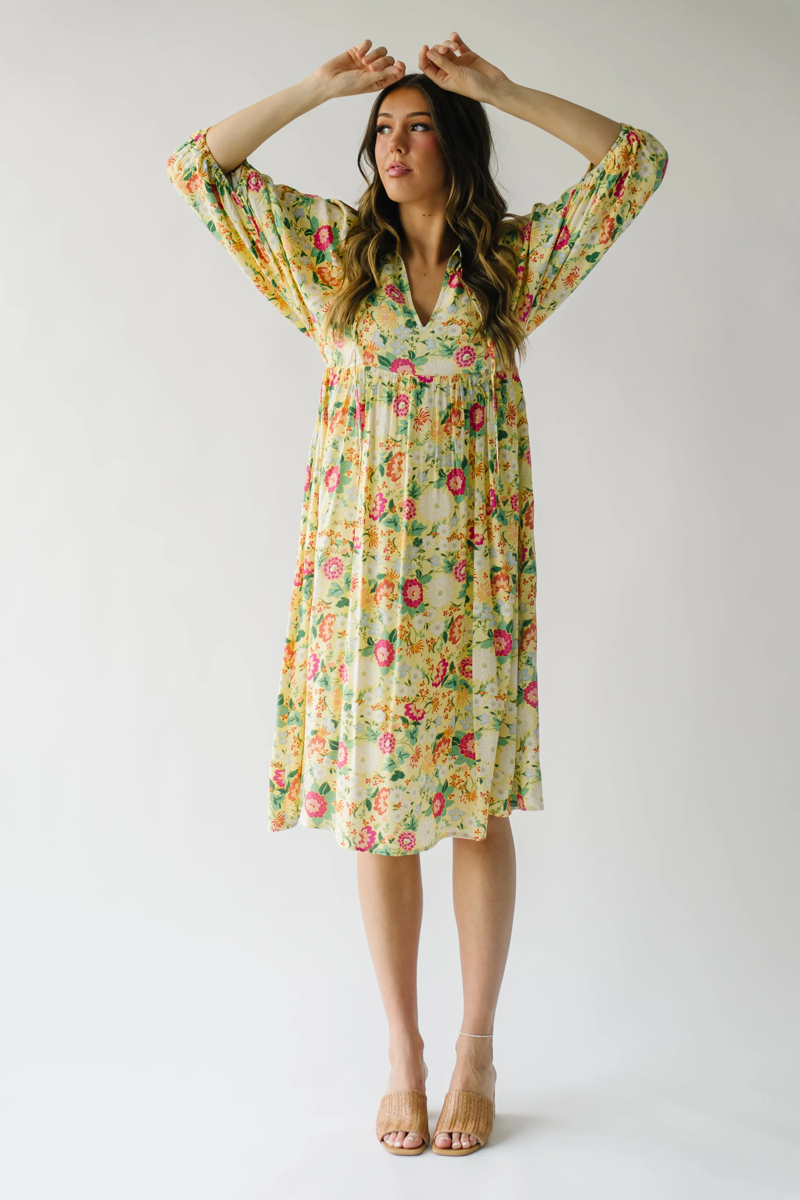 The Bearden Tie-Front Floral Midi Dress in Light Yellow