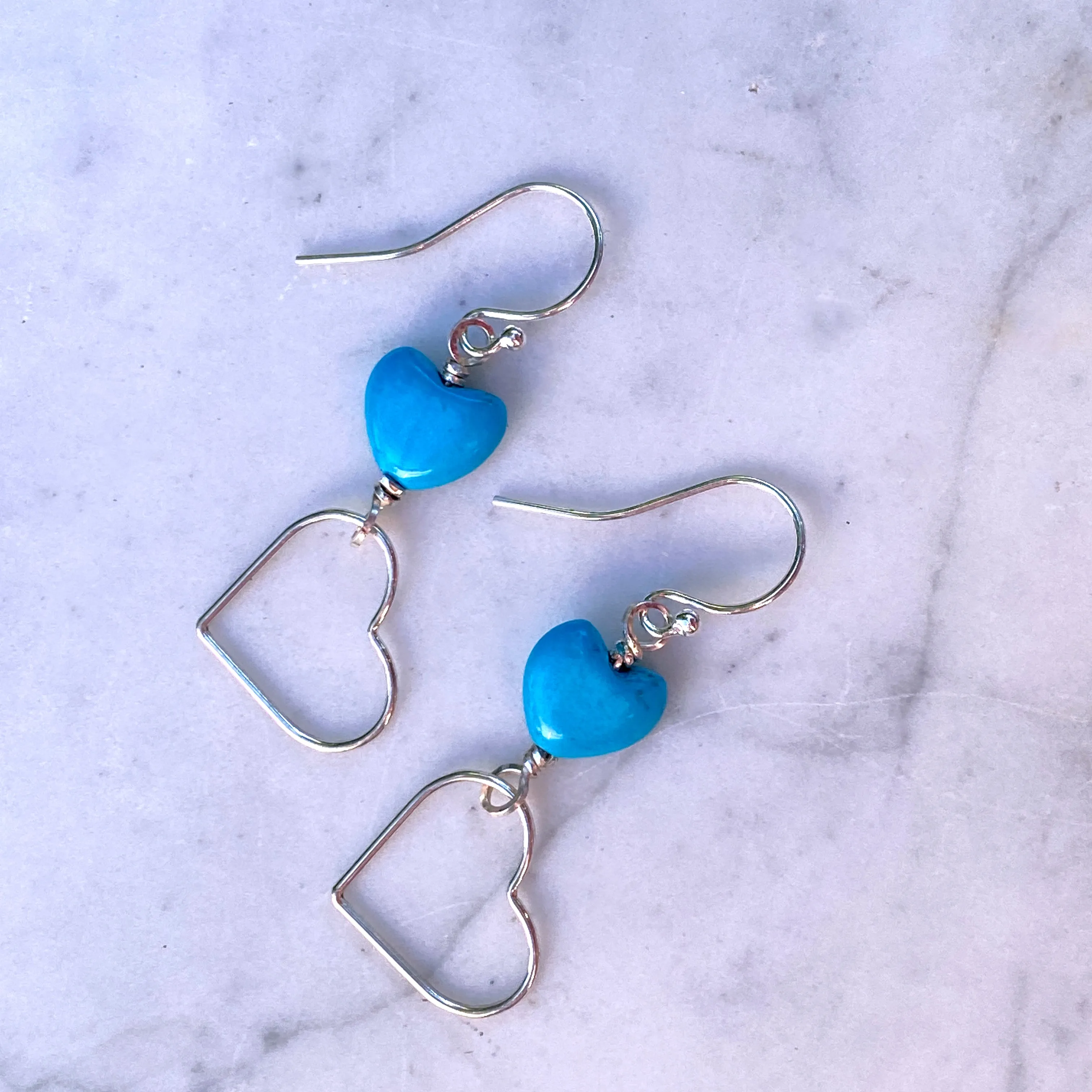 Turquoise and Sterling Silver Dangle Heart Earrings