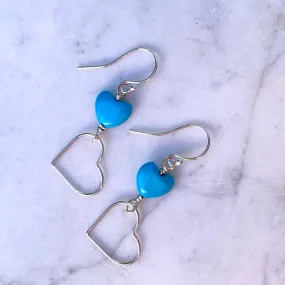 Turquoise and Sterling Silver Dangle Heart Earrings