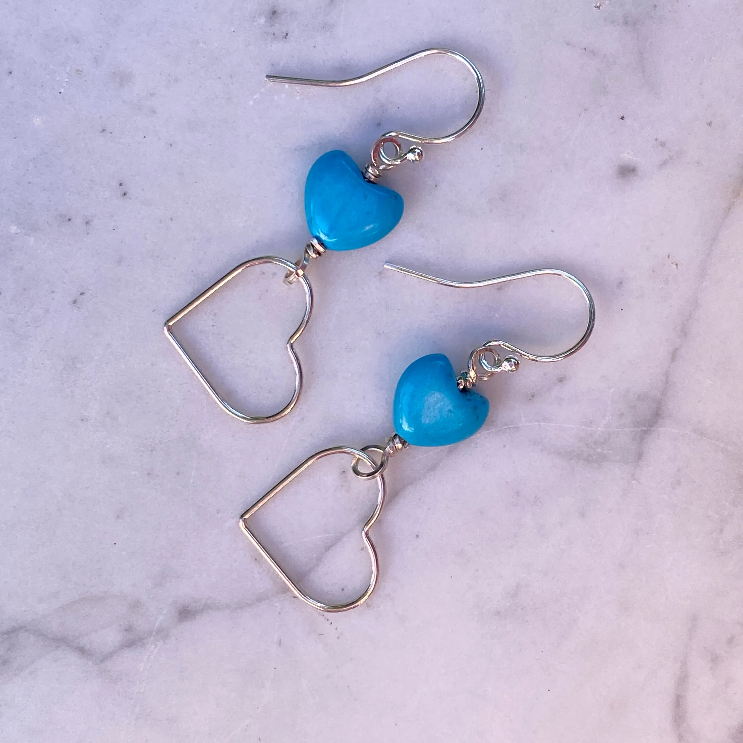 Turquoise and Sterling Silver Dangle Heart Earrings