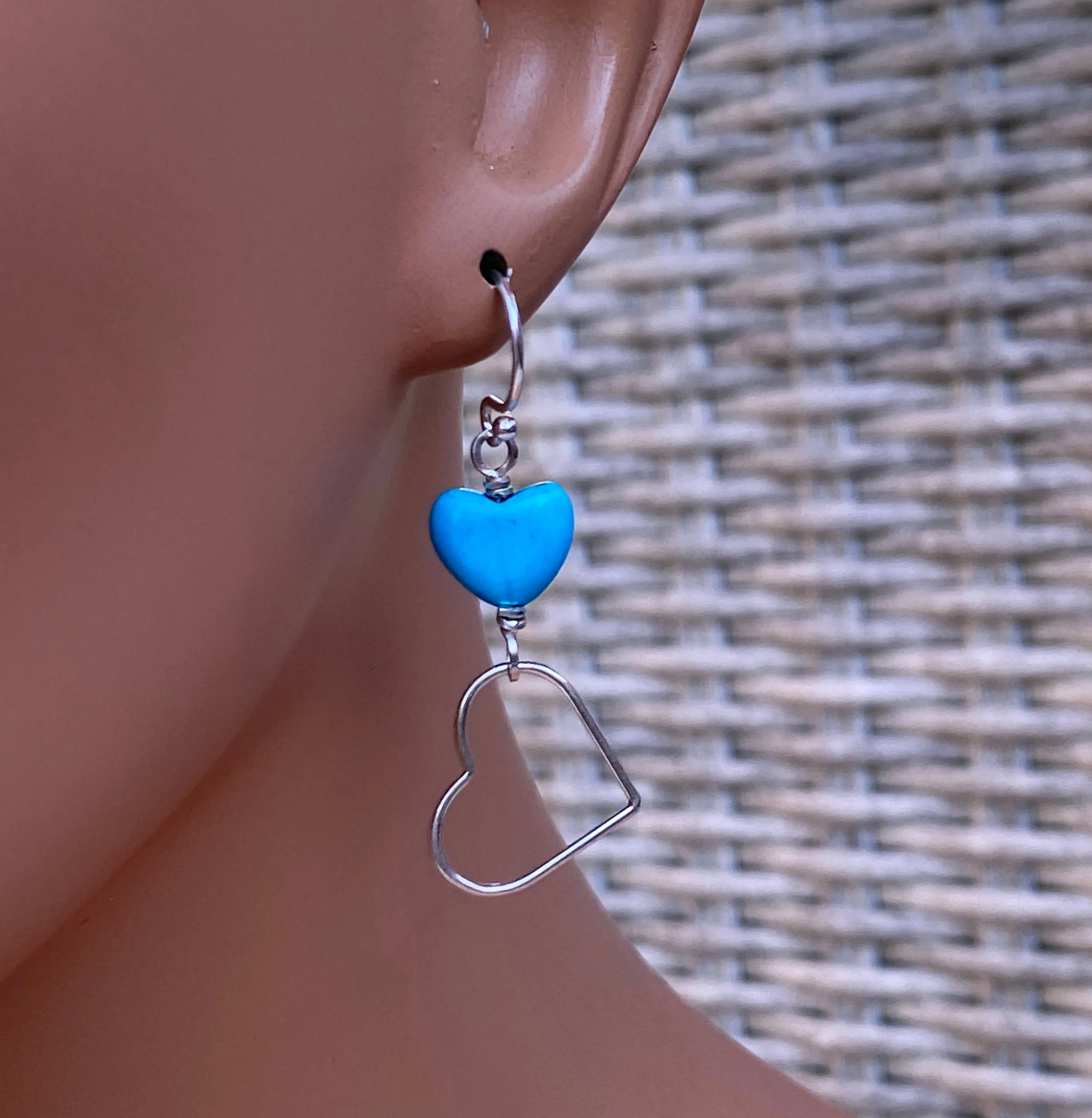 Turquoise and Sterling Silver Dangle Heart Earrings