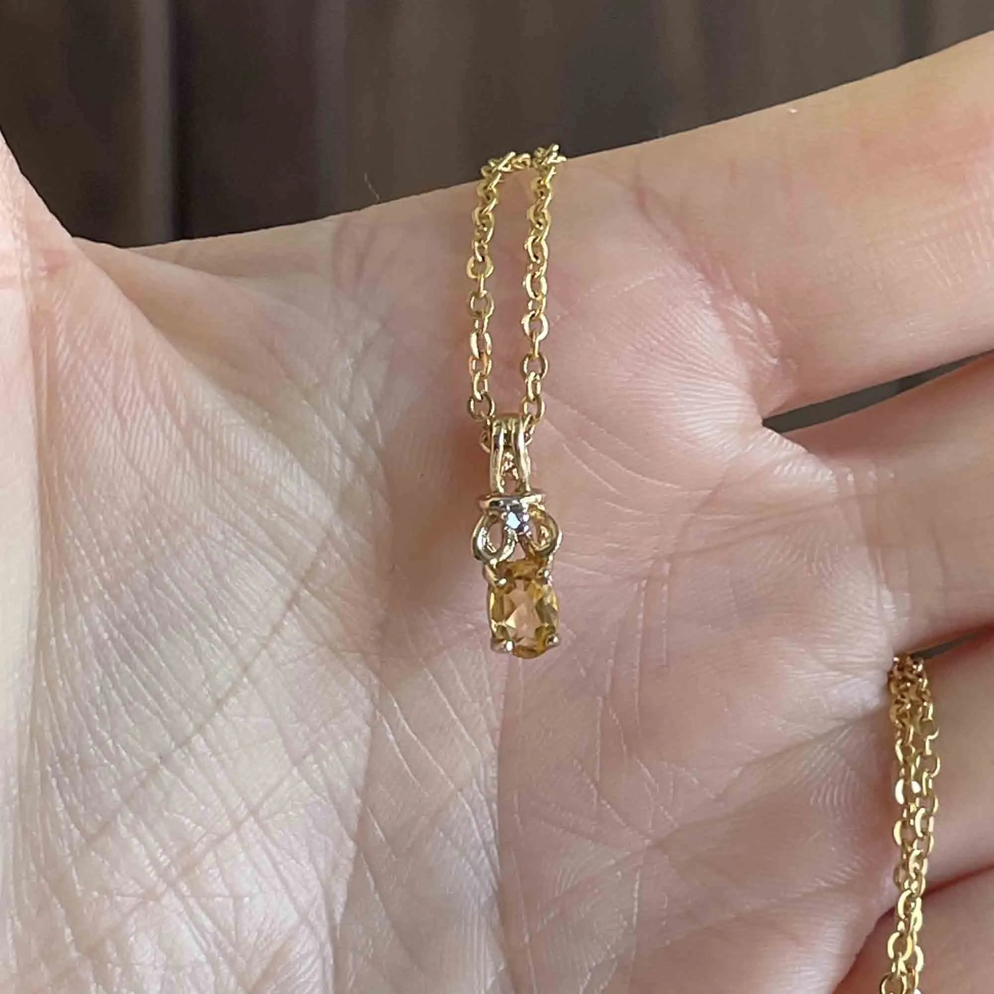 Vintage 10K Gold Citrine Diamond Pendant Necklace