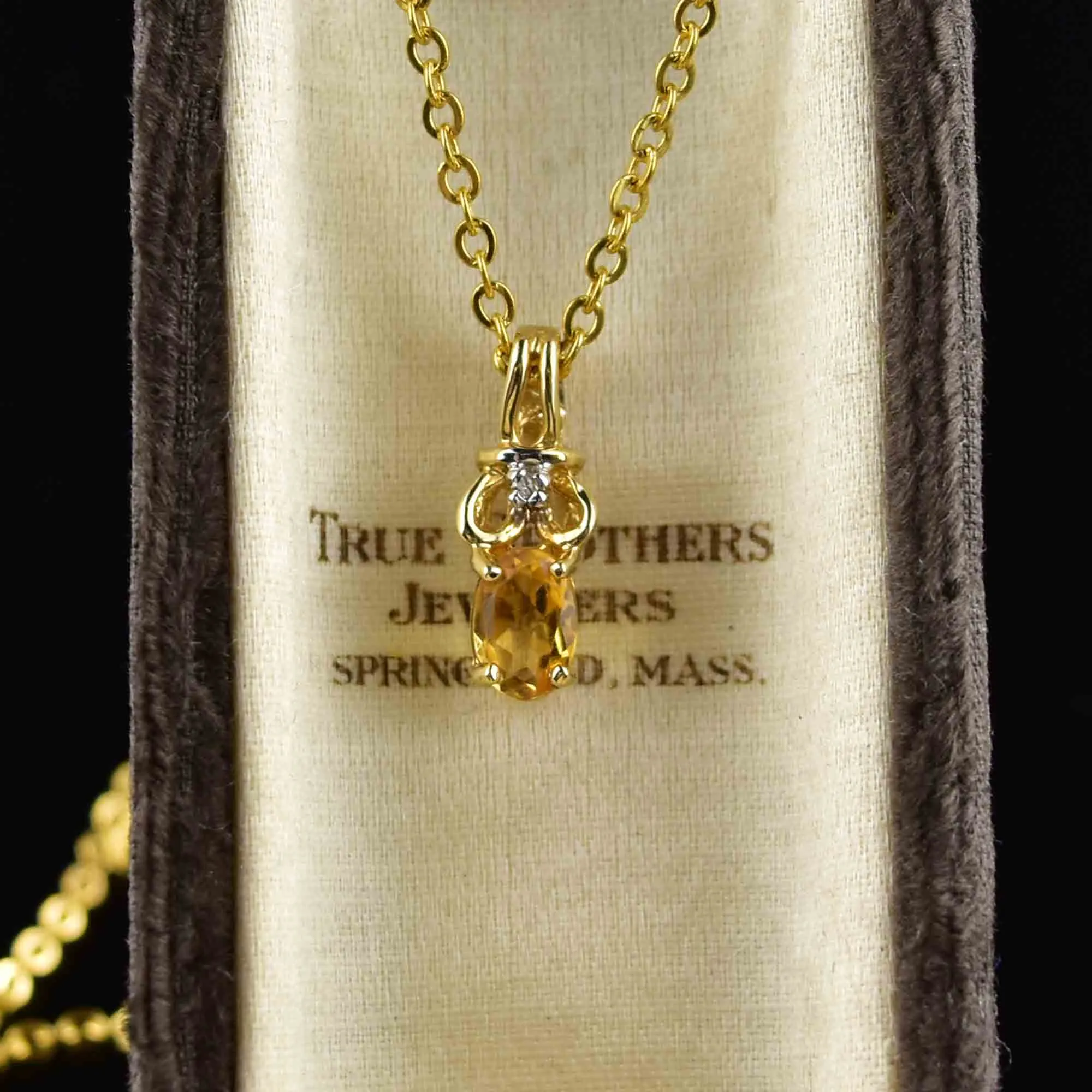 Vintage 10K Gold Citrine Diamond Pendant Necklace