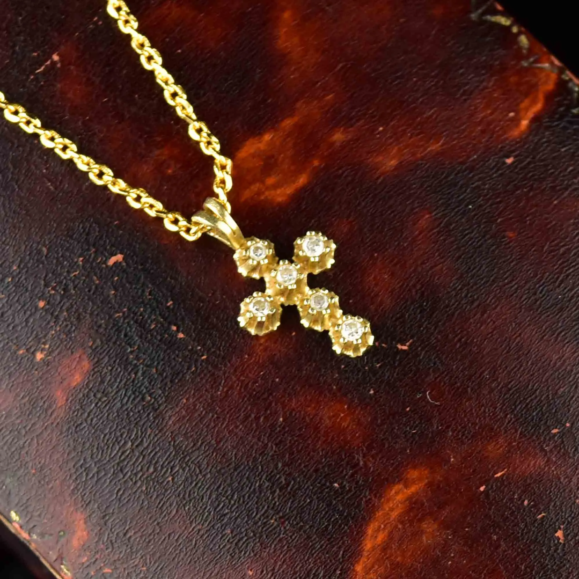 Vintage 14K Gold Diamond Cross Pendant Necklace