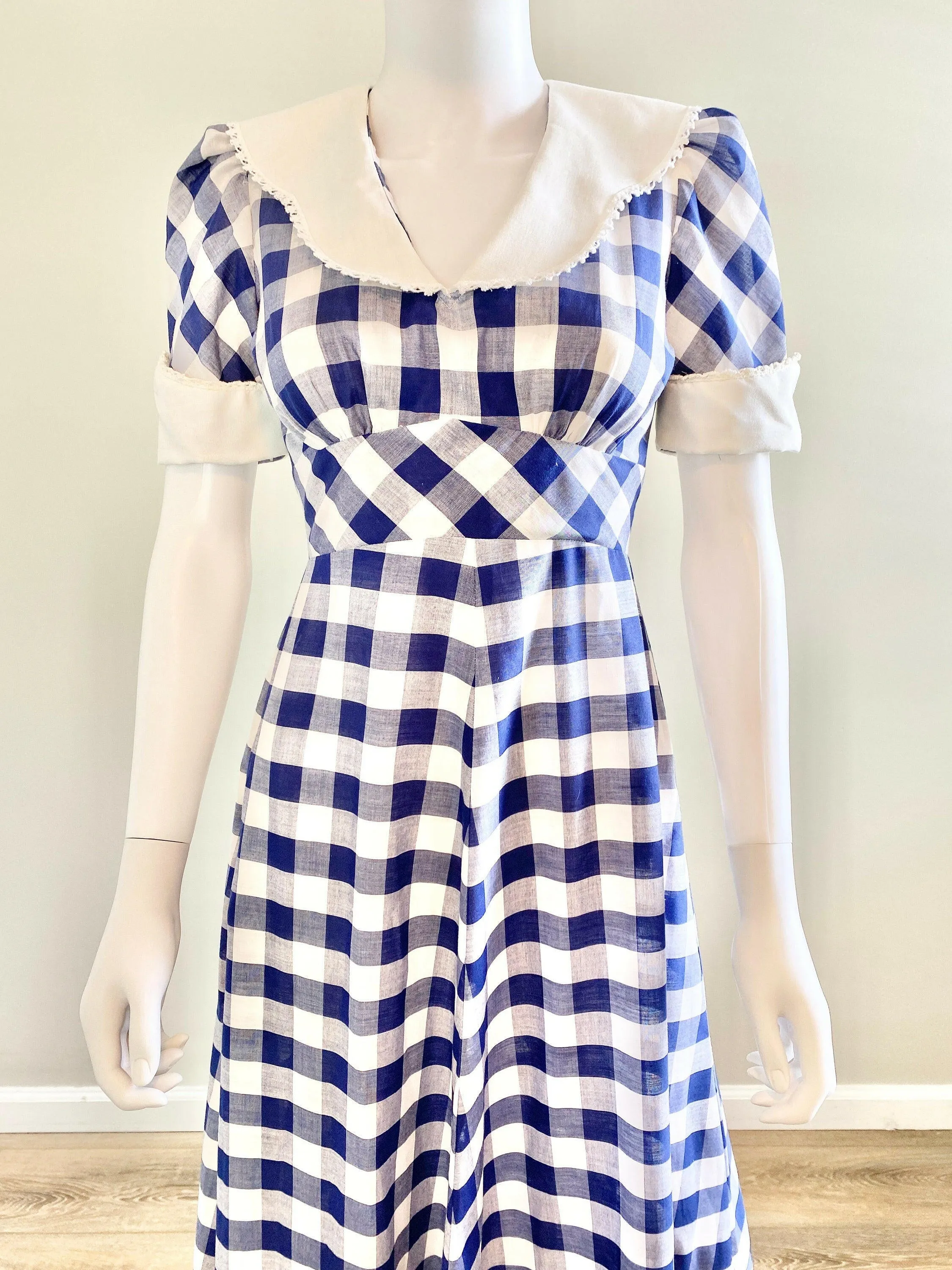 Vintage 1970s Navy Gingham Puff Sleeve Dress / 70s does 1930s Party Dress / Size S M