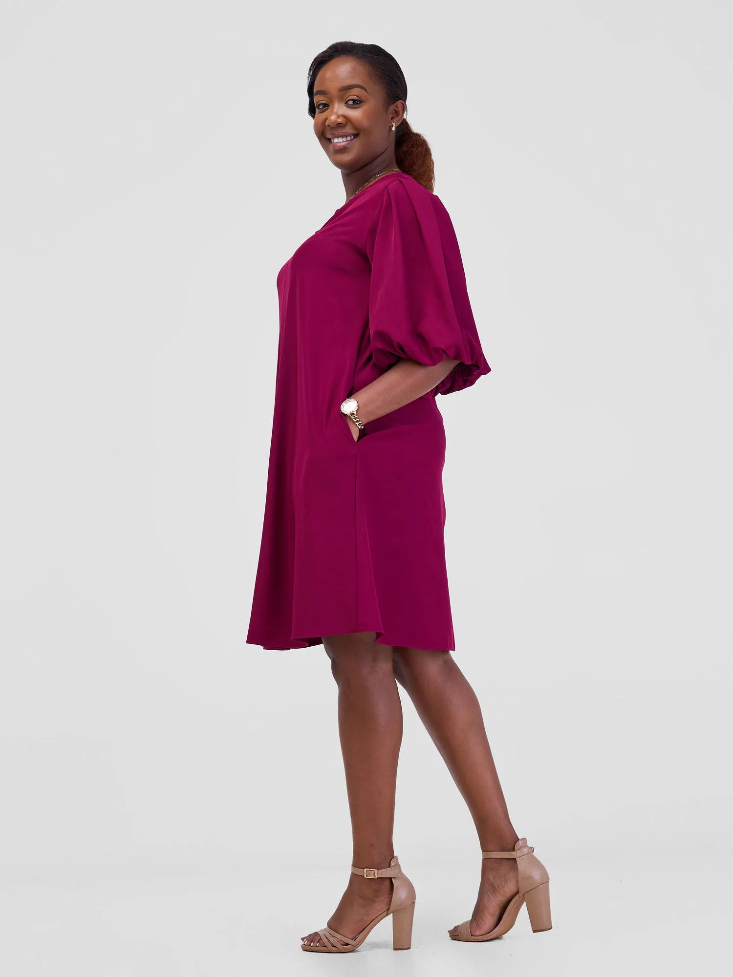 Vivo Esna Puff Sleeve Tent Dress - Burgundy