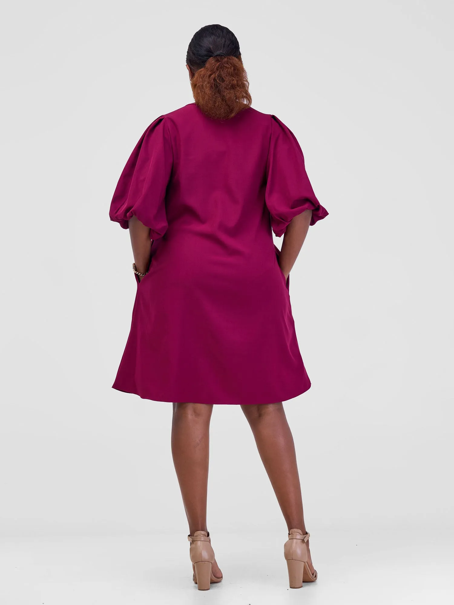 Vivo Esna Puff Sleeve Tent Dress - Burgundy