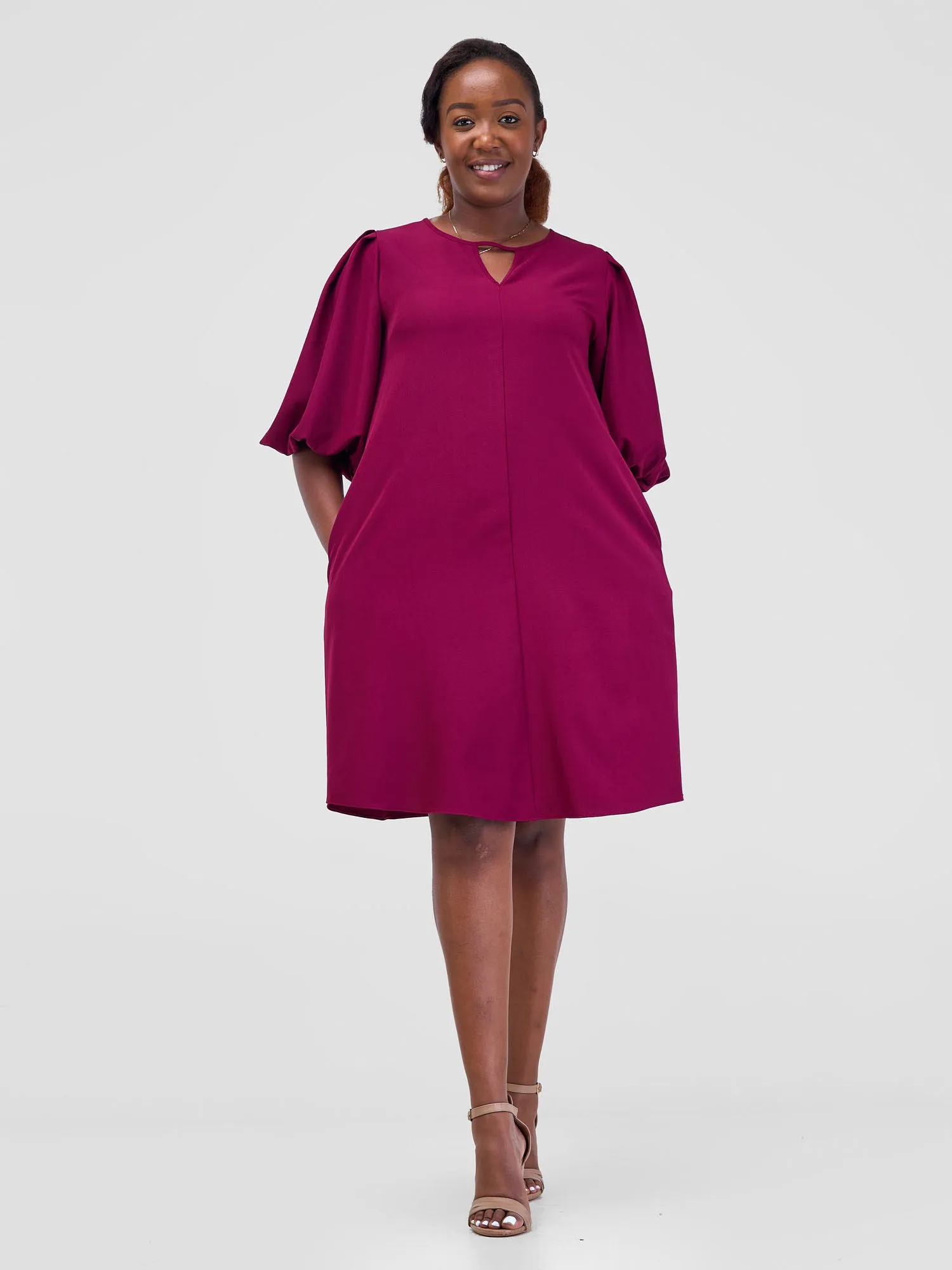 Vivo Esna Puff Sleeve Tent Dress - Burgundy