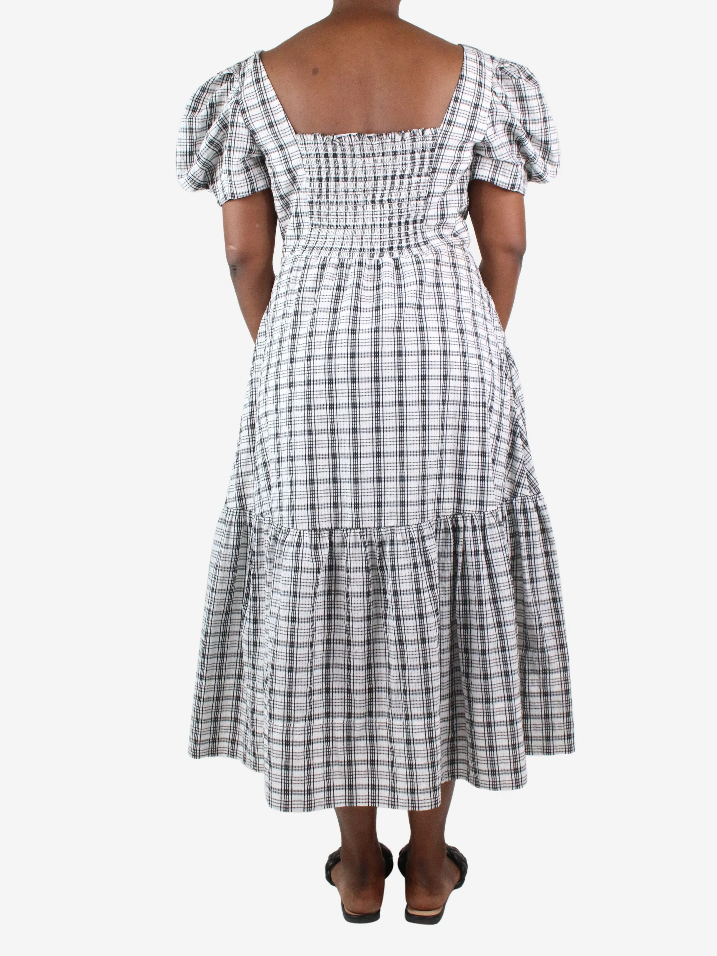 White checked print puff sleeve midi dress - size UK 12