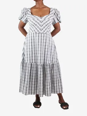 White checked print puff sleeve midi dress - size UK 12