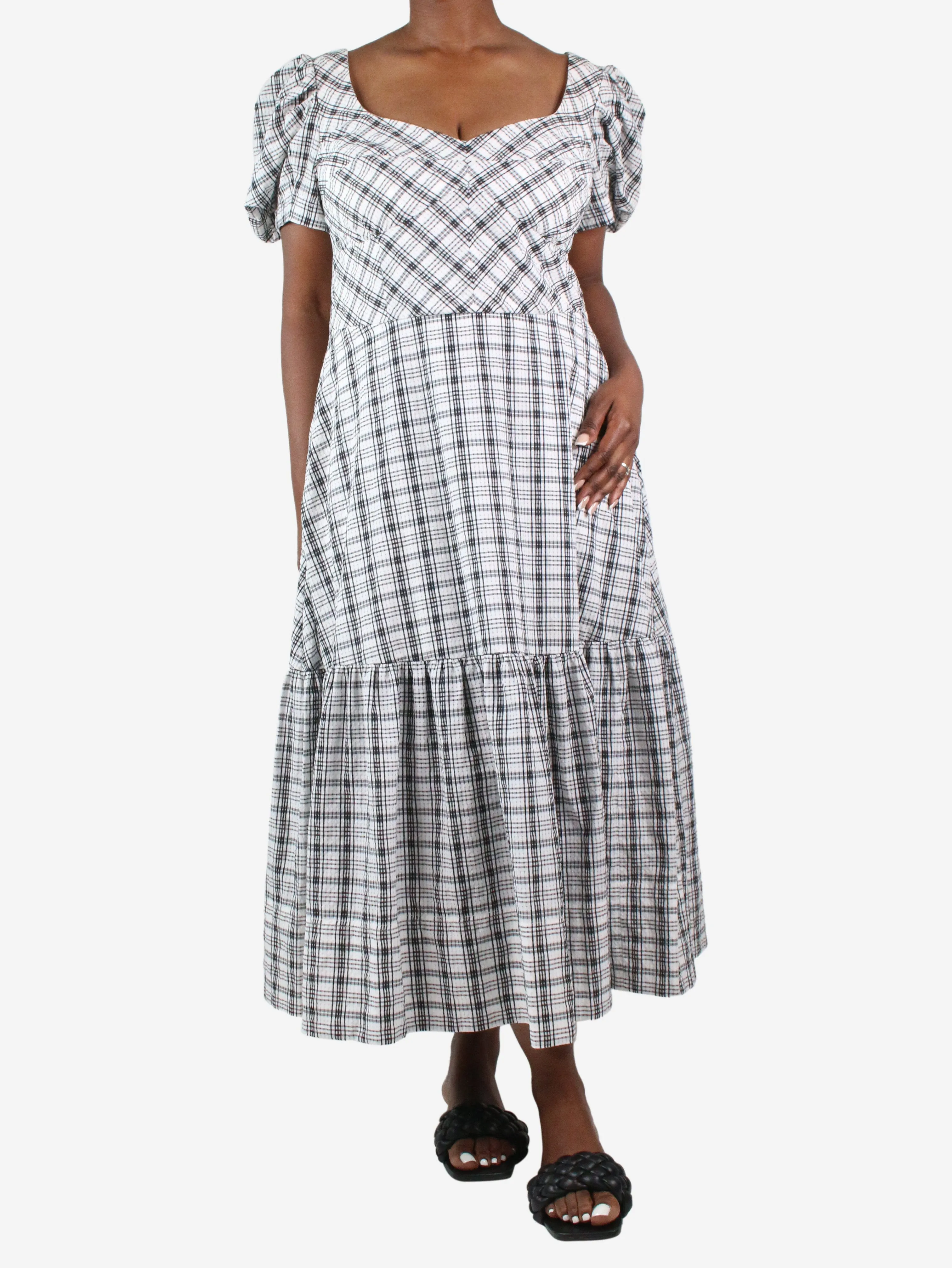 White checked print puff sleeve midi dress - size UK 12