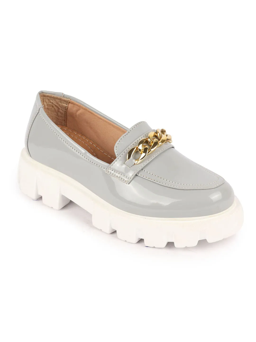 Women Grey Patent Leather Shiny Chain Buckle Classic Casual Slip On Loafer Shoes