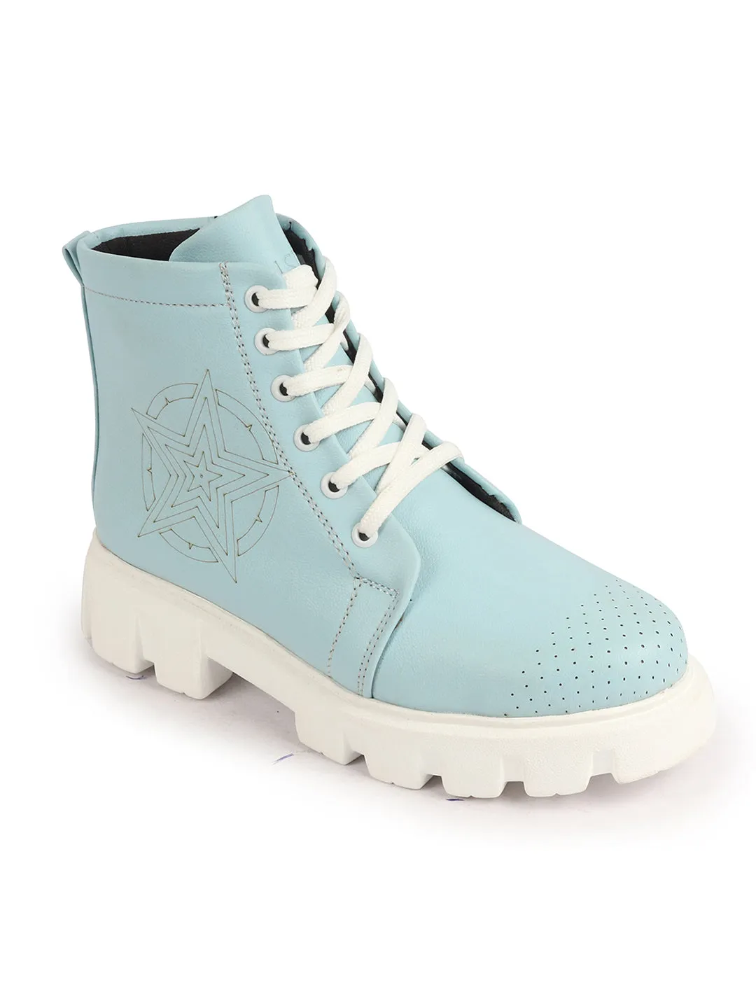 Women Sky Blue Outdoor Winter High Top Chunky Lace Up Casual Boots