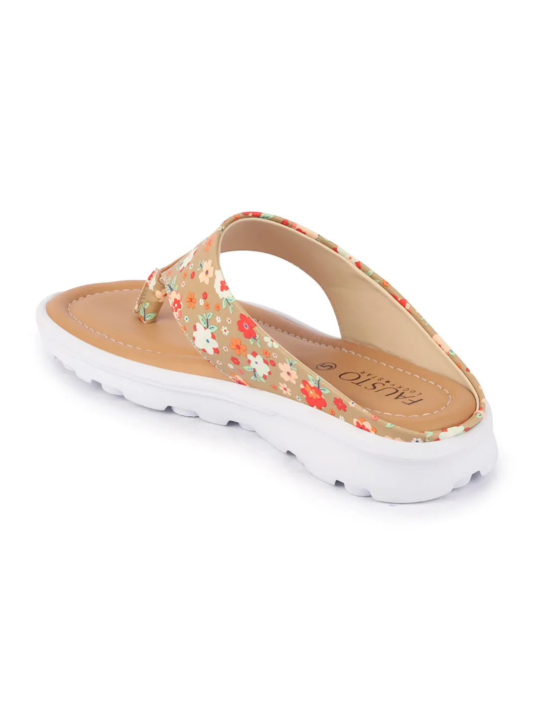 Women Tan Comfort Fashion Stylish Floral Print Design Strap Thong Flats Wedges Slipper