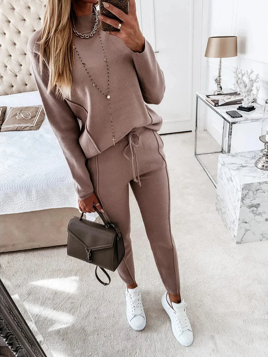 Women's Green and Pink Drawstring Turtleneck Sweatshirt Tracksuit Pants Set