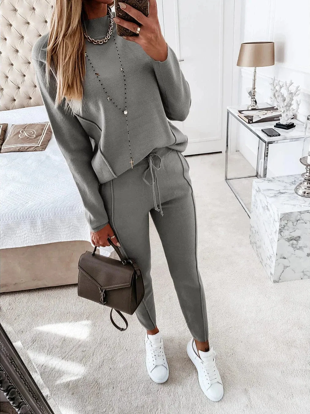 Women's Green and Pink Drawstring Turtleneck Sweatshirt Tracksuit Pants Set