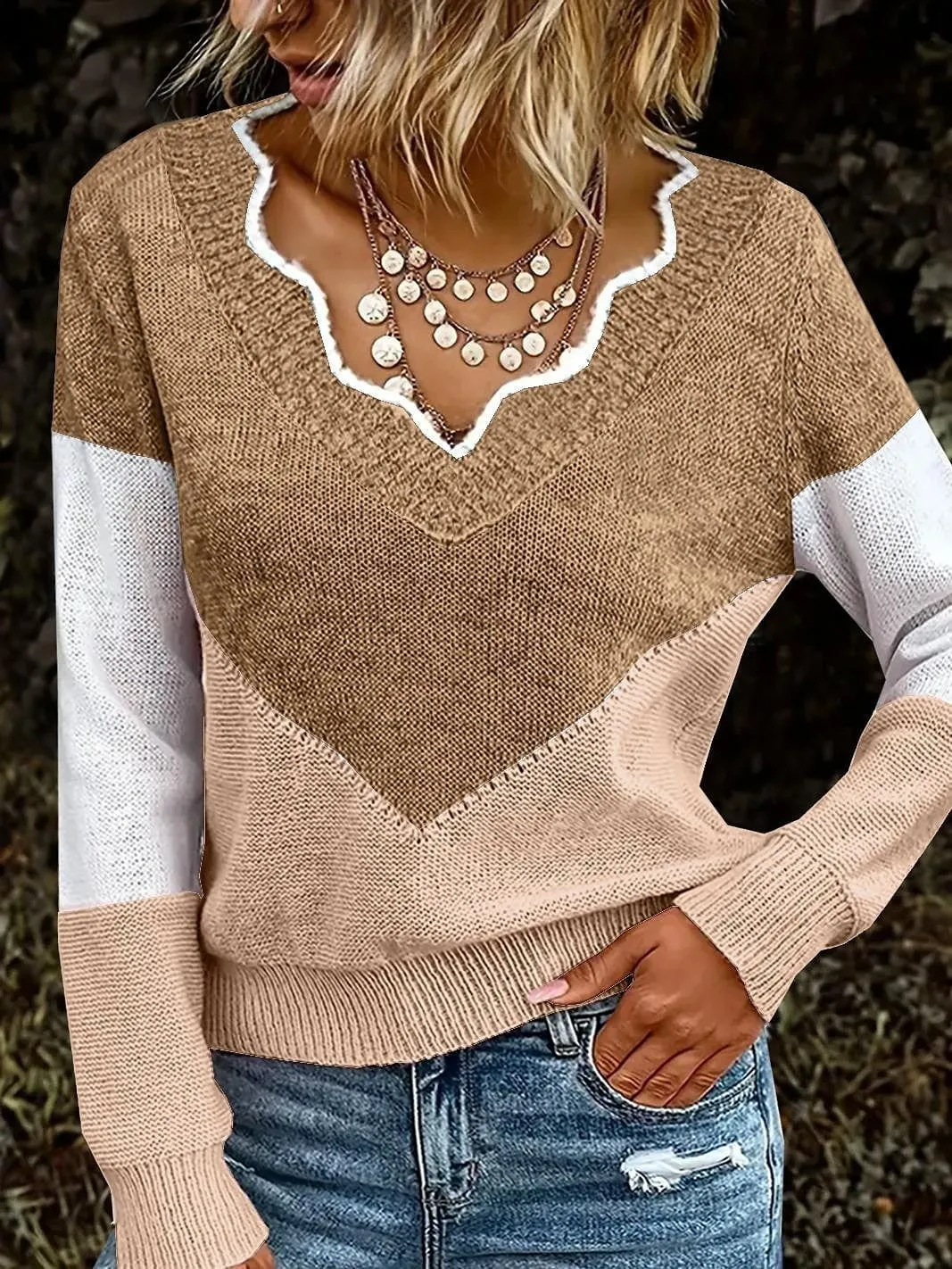 Women's Oversized V-Neck Crochet Knit Sweater in Blue, Khaki, or Dark Gray